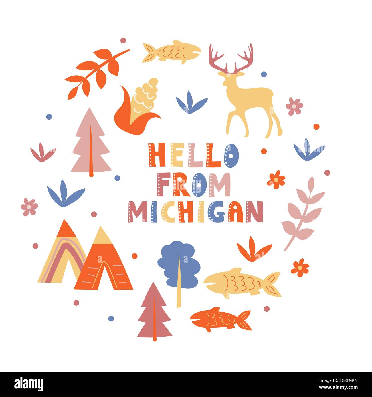 Illustrated map of the state of Michigan in United States with state symbols. Hello from - card. Editable vector illustration Stock Vector