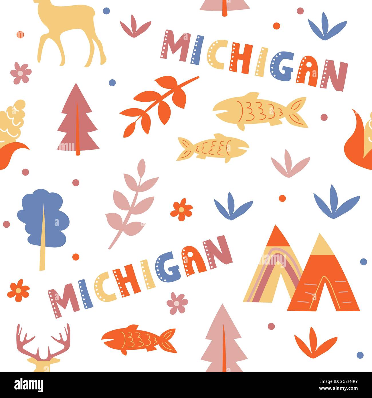 USA collection. Vector illustration of Michigan theme. State Symbols - seamless pattern Stock Vector