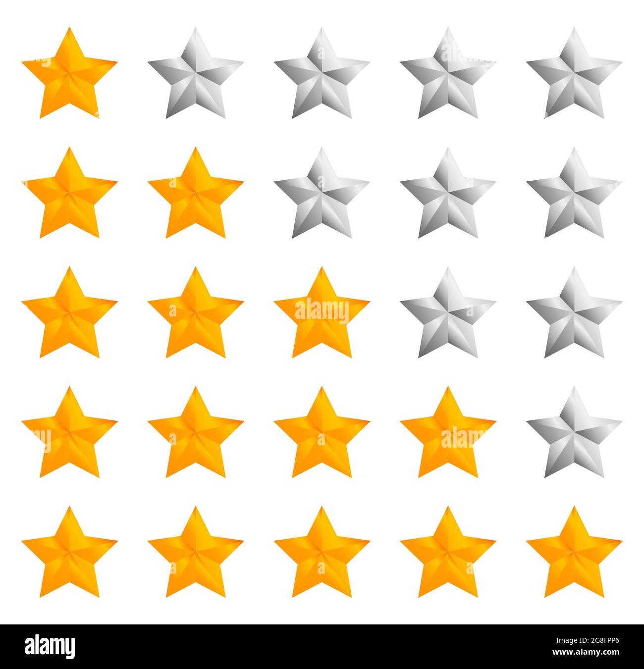 Yellow and grey one to five star review. Customer product rating review flat icon for apps and websites. Glyph style icon - gold and silver. Stock Vector