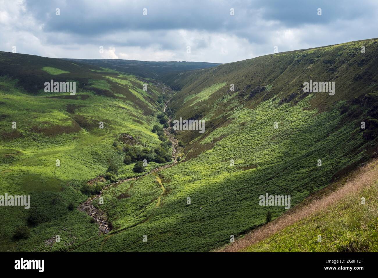 View of Torside Clough from the Pennine Way looking towards Bleaklow Head from the Pennine Way, Peak District National Park, Derbyshire Stock Photo