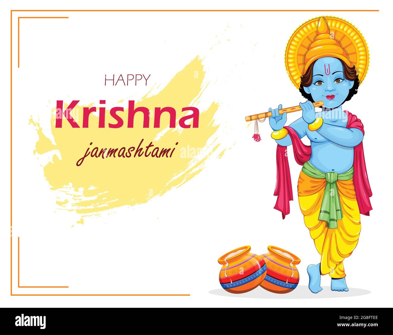 Happy Krishna Janmashtami greeting card. Lord Krishna paying flute ...