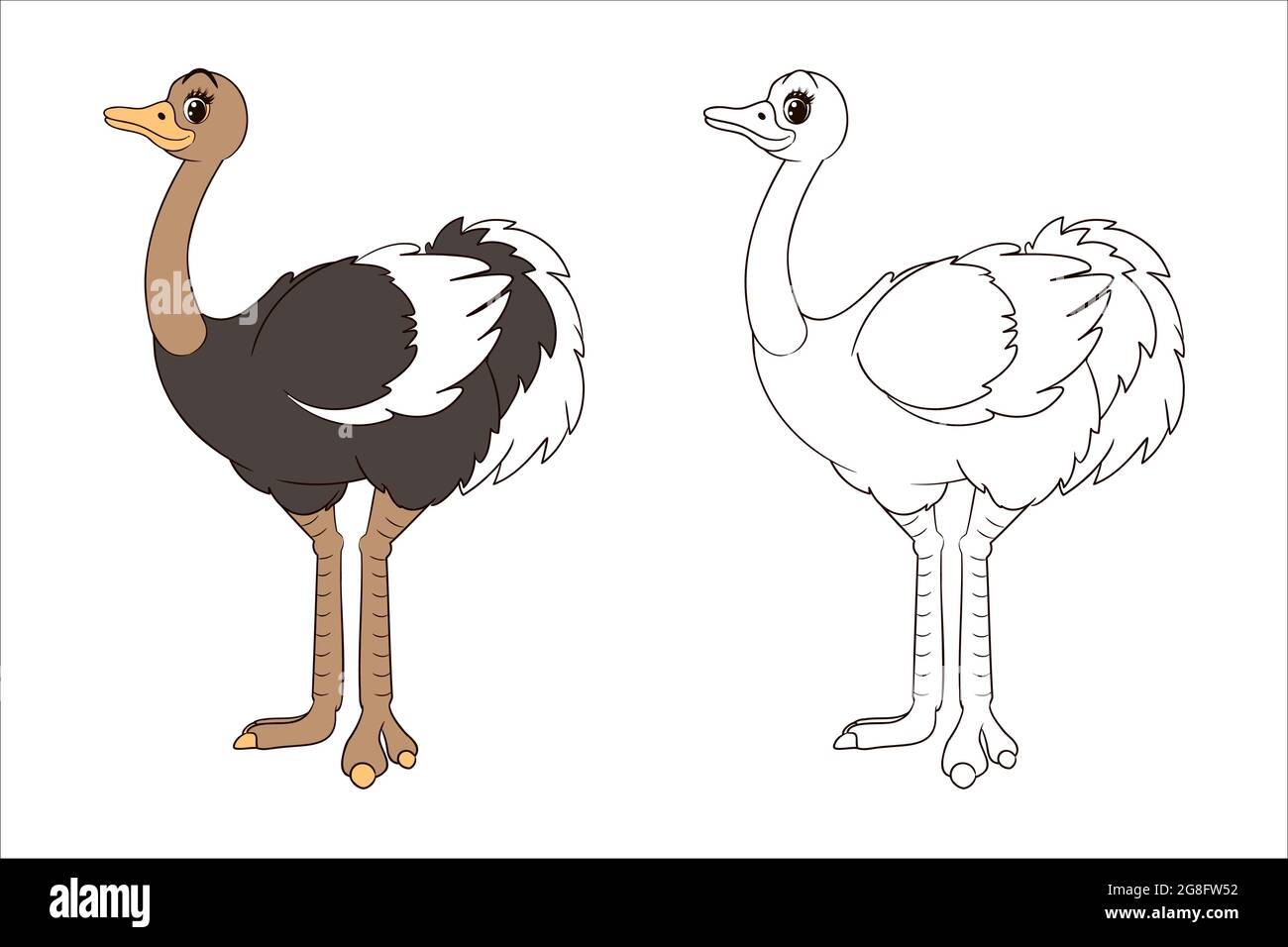 long legged cute ostrich coloring book for kids. Vector isolated line art illustration, in cartoon style Stock Vector