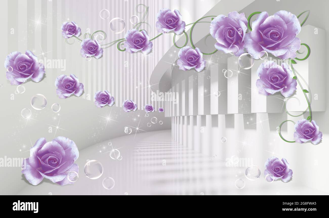 3d wallpapers, lilac roses in architectural tunnel. Beautiful flower wallpaper. Stock Photo