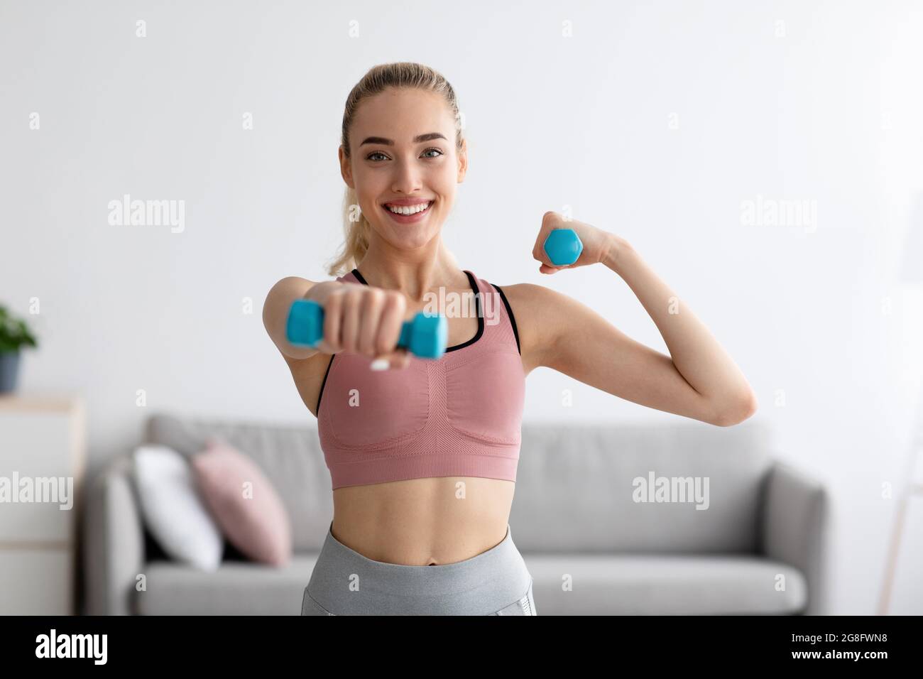 Body care at home, new normal, fit and workout for muscle, strength training, covid-19 Stock Photo