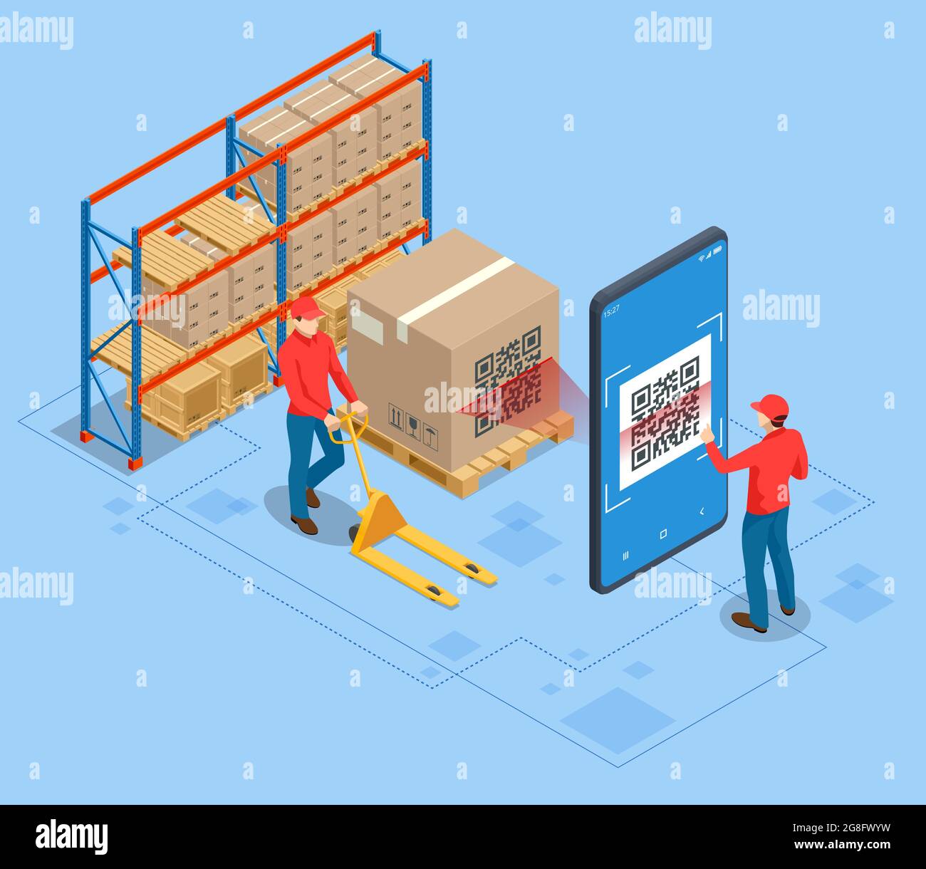 Isometric Smart warehouse management system. Concept of automatic logistics management. Packages