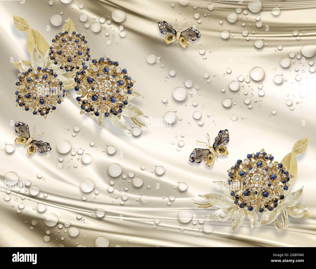 3D wallpaper,  jewelry flowers on silk background. Stock Photo