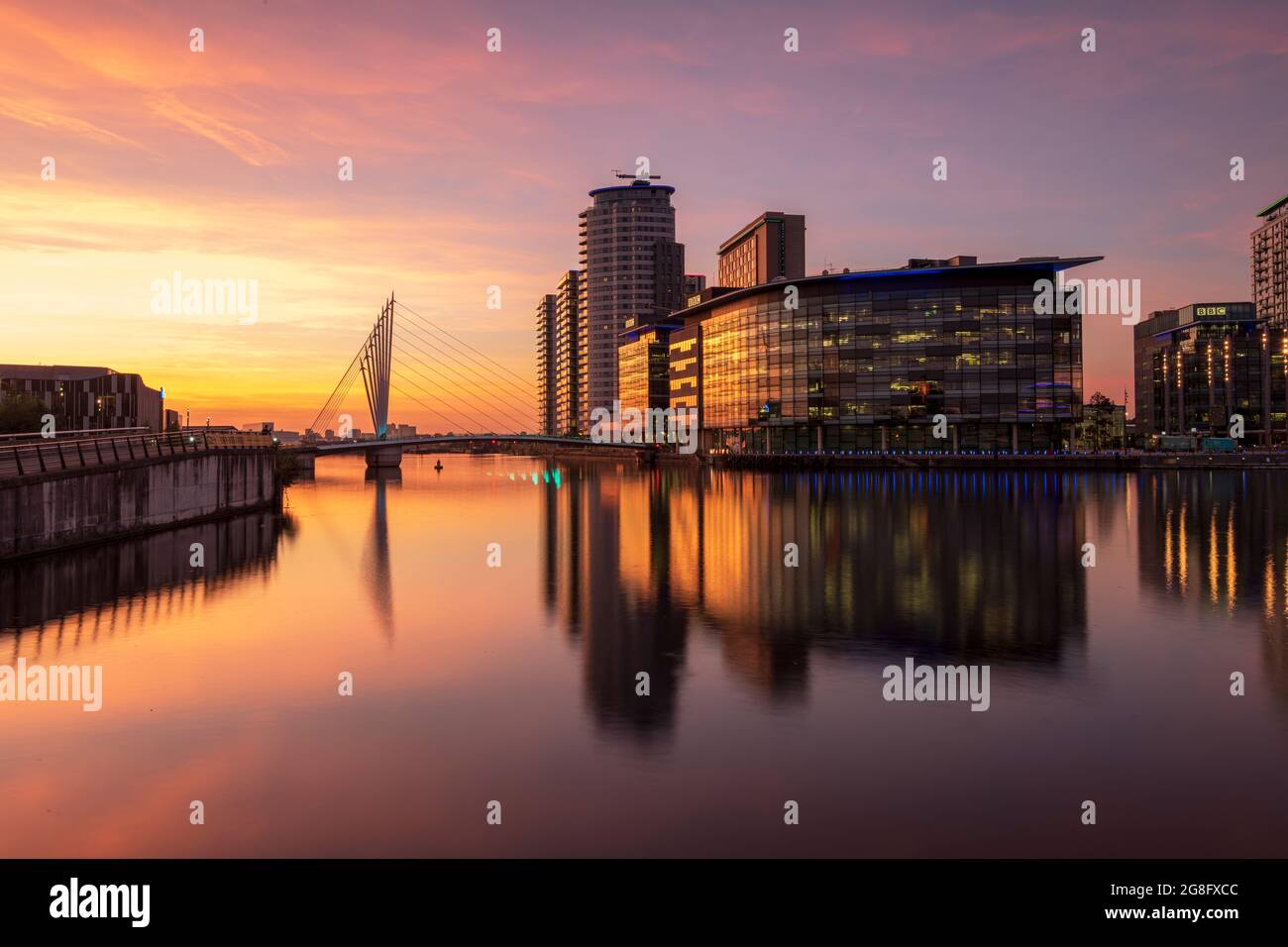MediaCity UK reflected at night, Salford Quays, Manchester, England, United Kingdom, Europe Stock Photo