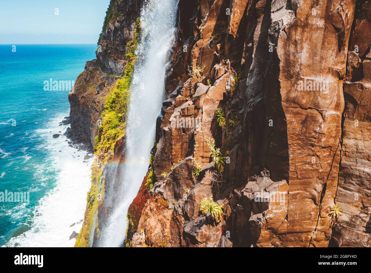 Flowing water of Bridal Veil Fall jumping from rocks, Seixal, Madeira island, Portugal, Atlantic, Europe Stock Photo
