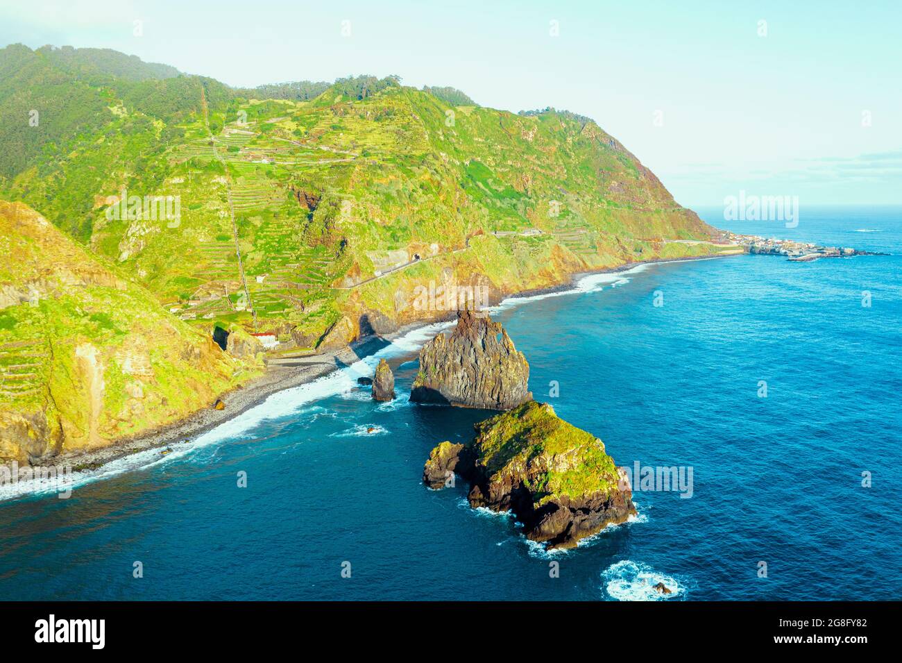 Aerial view of sea stack rocks of Ilheus da Rib and Ribeira da Janela and coastline, Porto Moniz, Madeira island, Portugal, Atlantic, Europe Stock Photo
