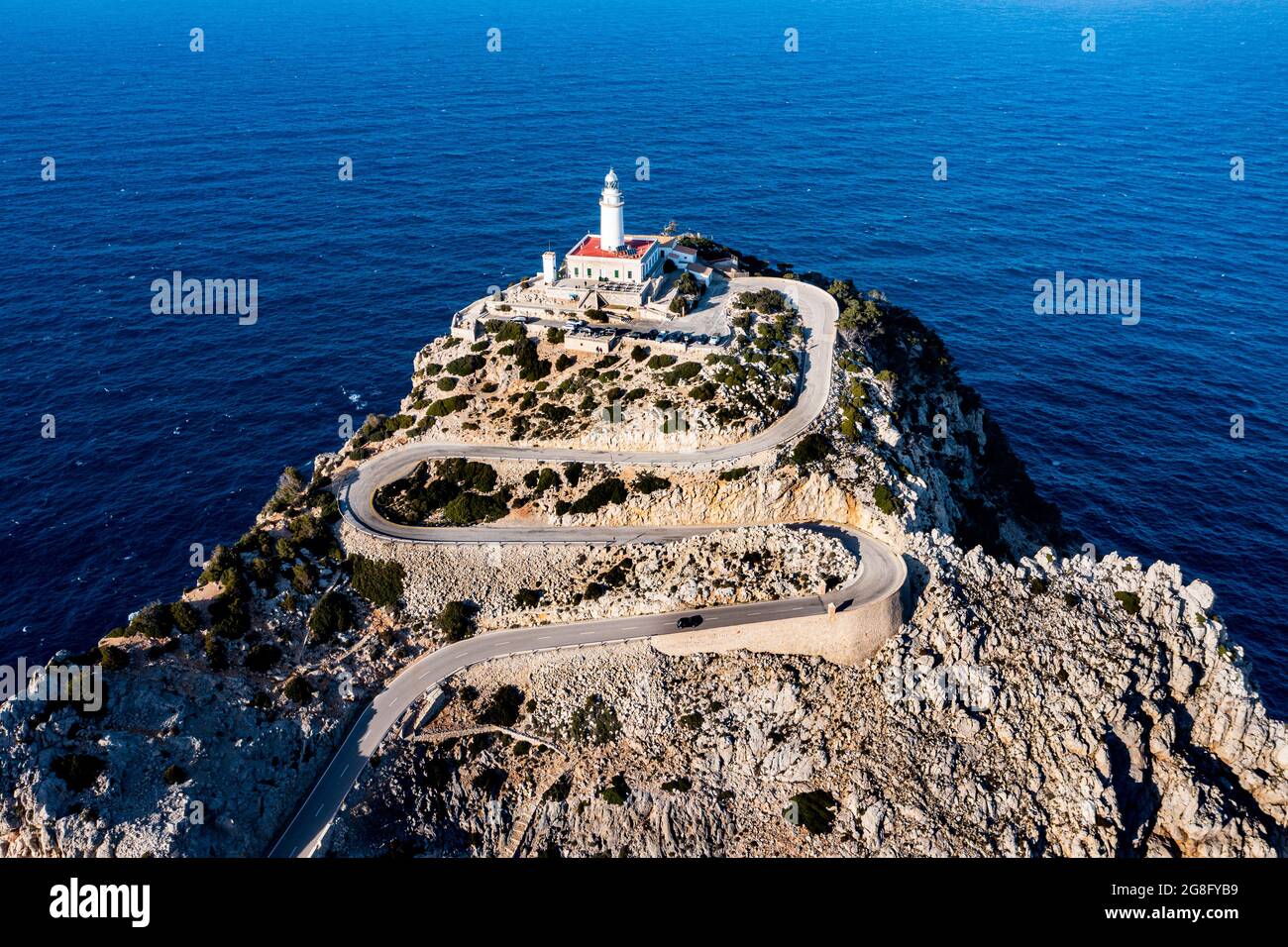 Aerial of the lighthouse at the Cap de Formentor, Mallorca, Balearic Islands, Spain, Mediterranean, Europe Stock Photo