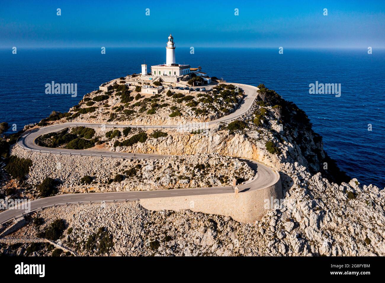 Aerial of the lighthouse at the Cap de Formentor, Mallorca, Balearic Islands, Spain, Mediterranean, Europe Stock Photo