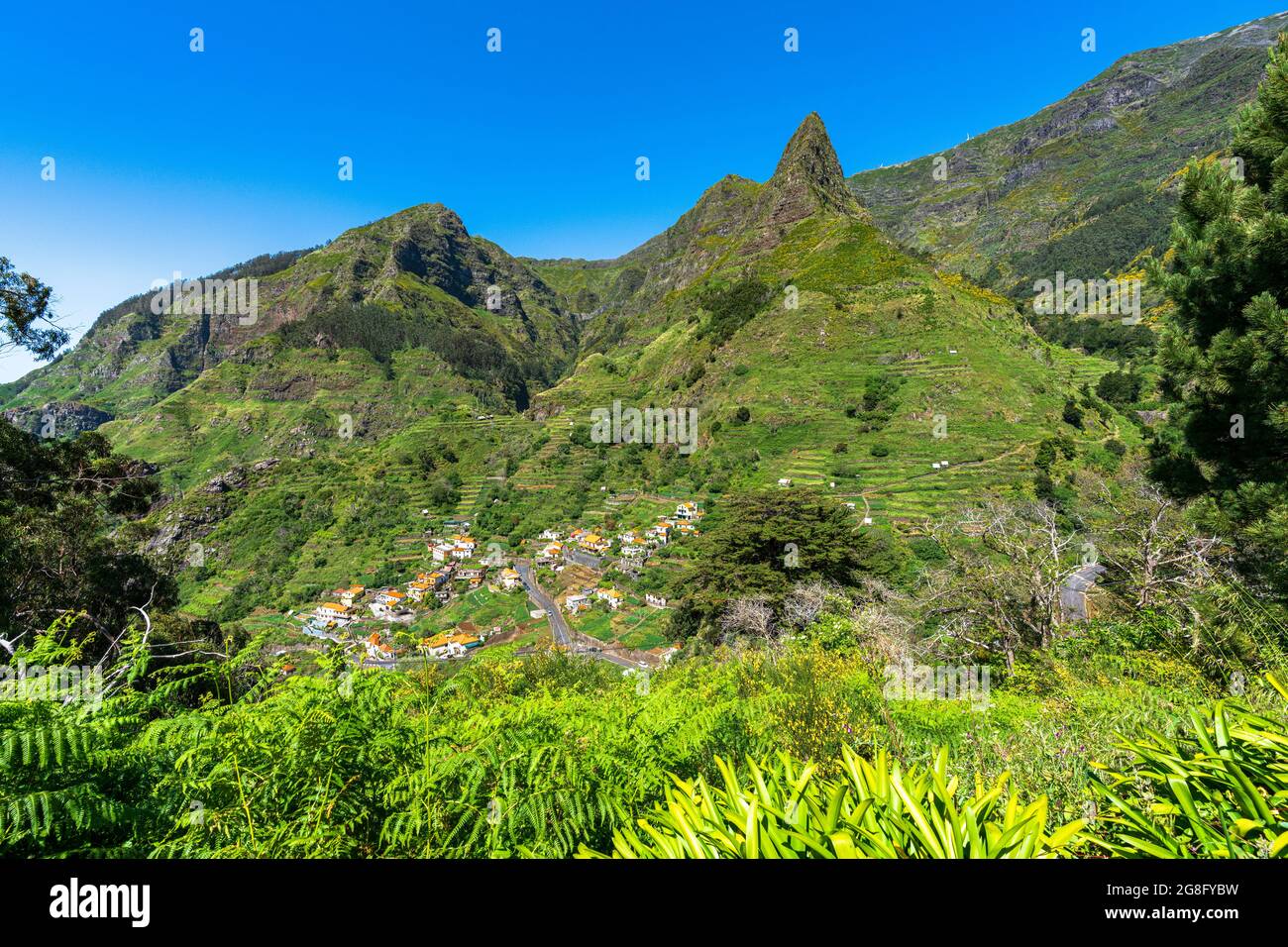 Village of Serra de Agua in the lush vegetation at feet of mountains, Ribeira Brava municipality, Madeira island, Portugal, Atlantic, Europe Stock Photo