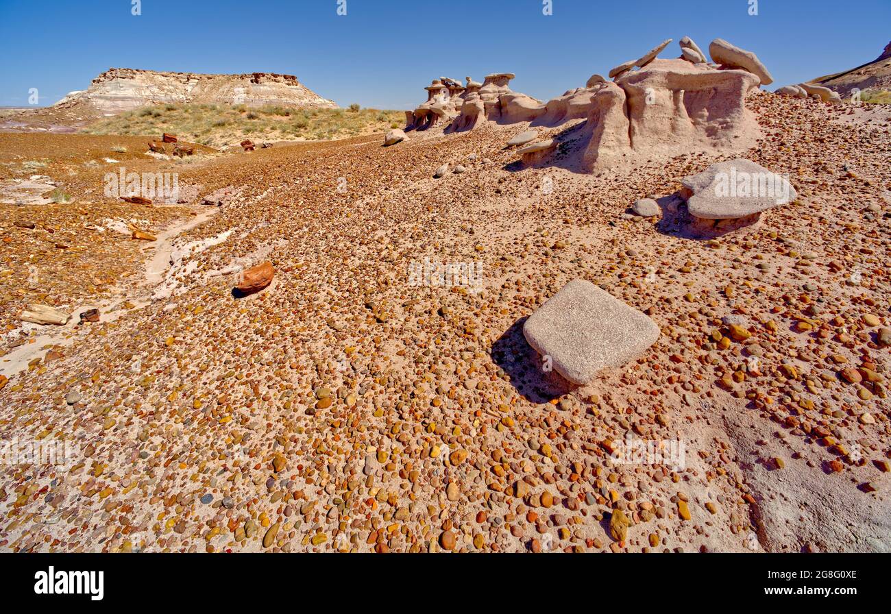 An eroded sandstone formation called a Sandcastle, below the Blue Mesa in Petrified Forest National Park, Arizona, USA Stock Photo