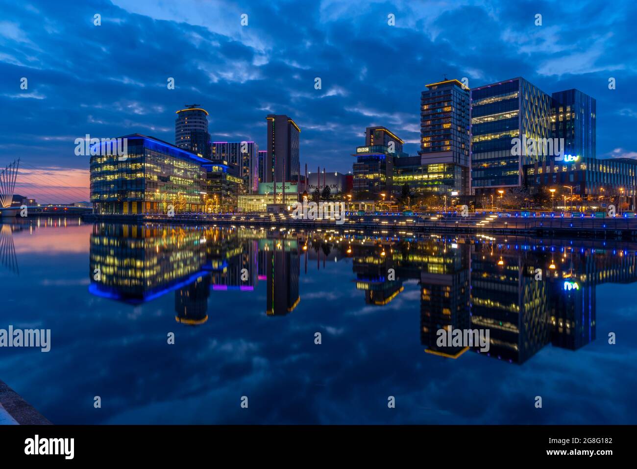 View of MediaCity UK at dusk, Salford Quays, Manchester, England, United Kingdom, Europe Stock Photo