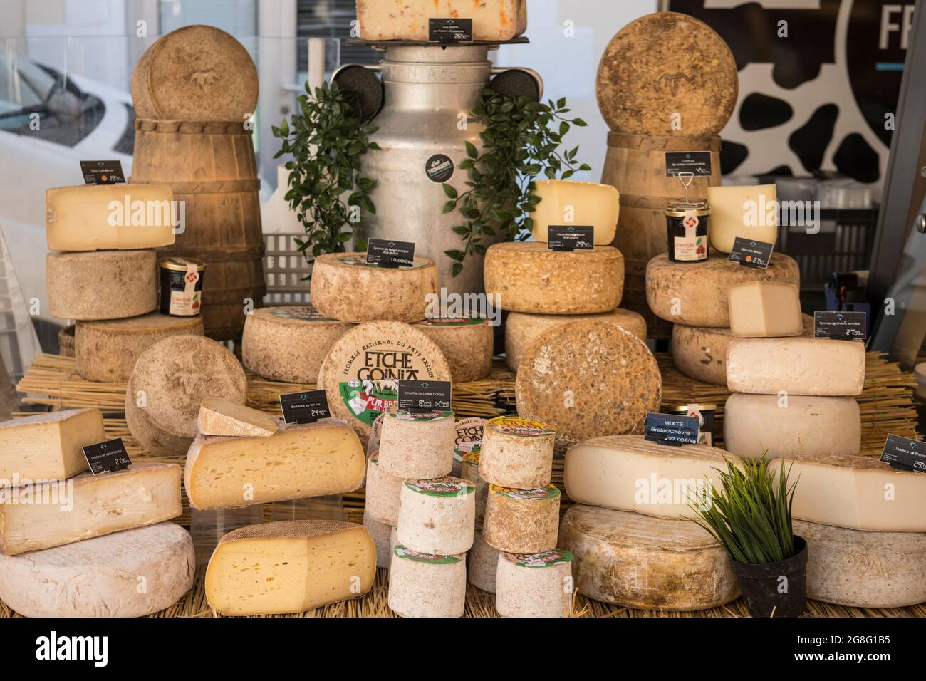 Cheese on display at local market, Les Landes, Nouvelle-Aquitaine, France, Europe Stock Photo