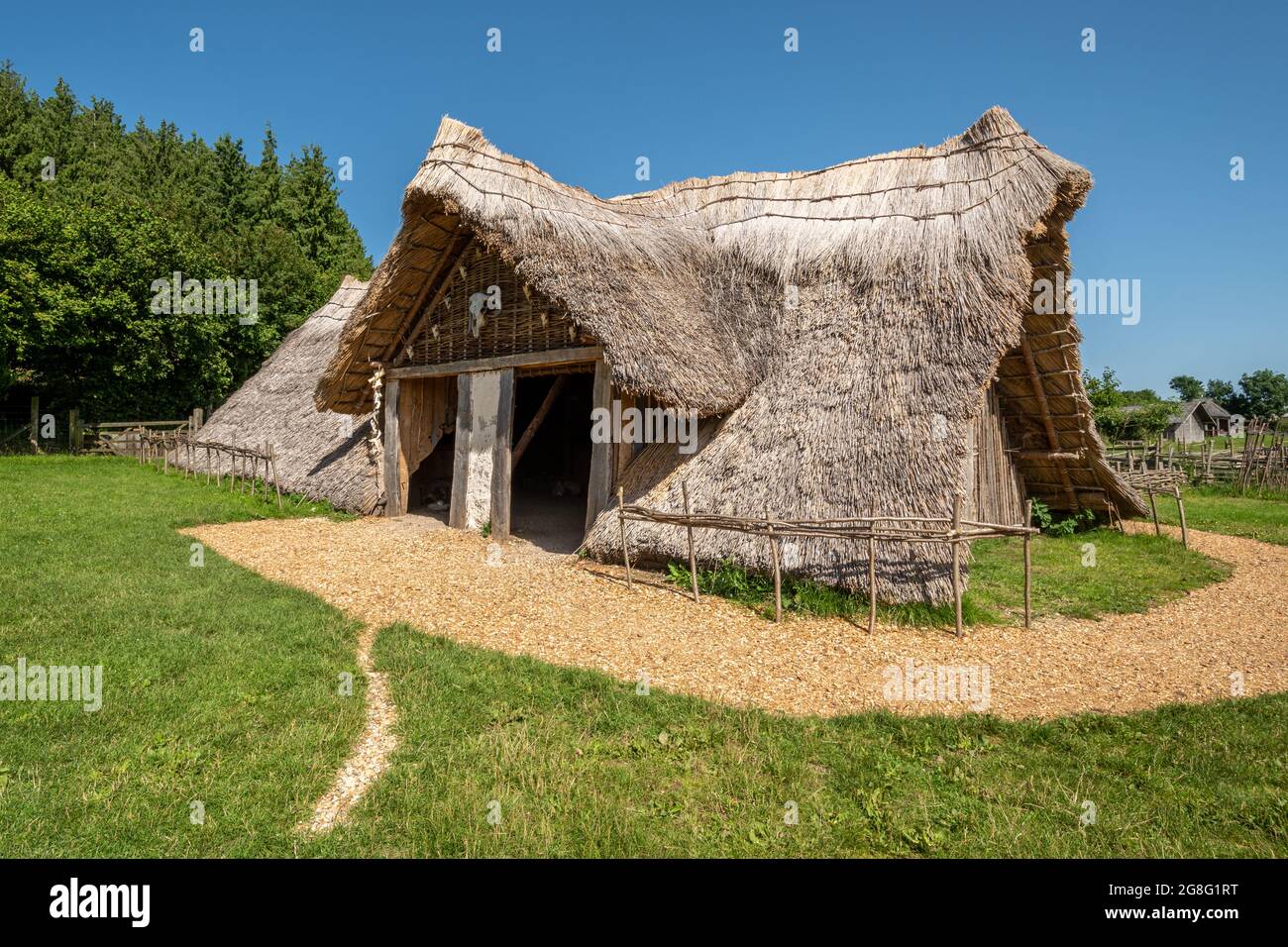 The Stone Age Horton House reconstructed at Butser Ancient Farm open-air archeological museum in Hampshire, England, UK Stock Photo