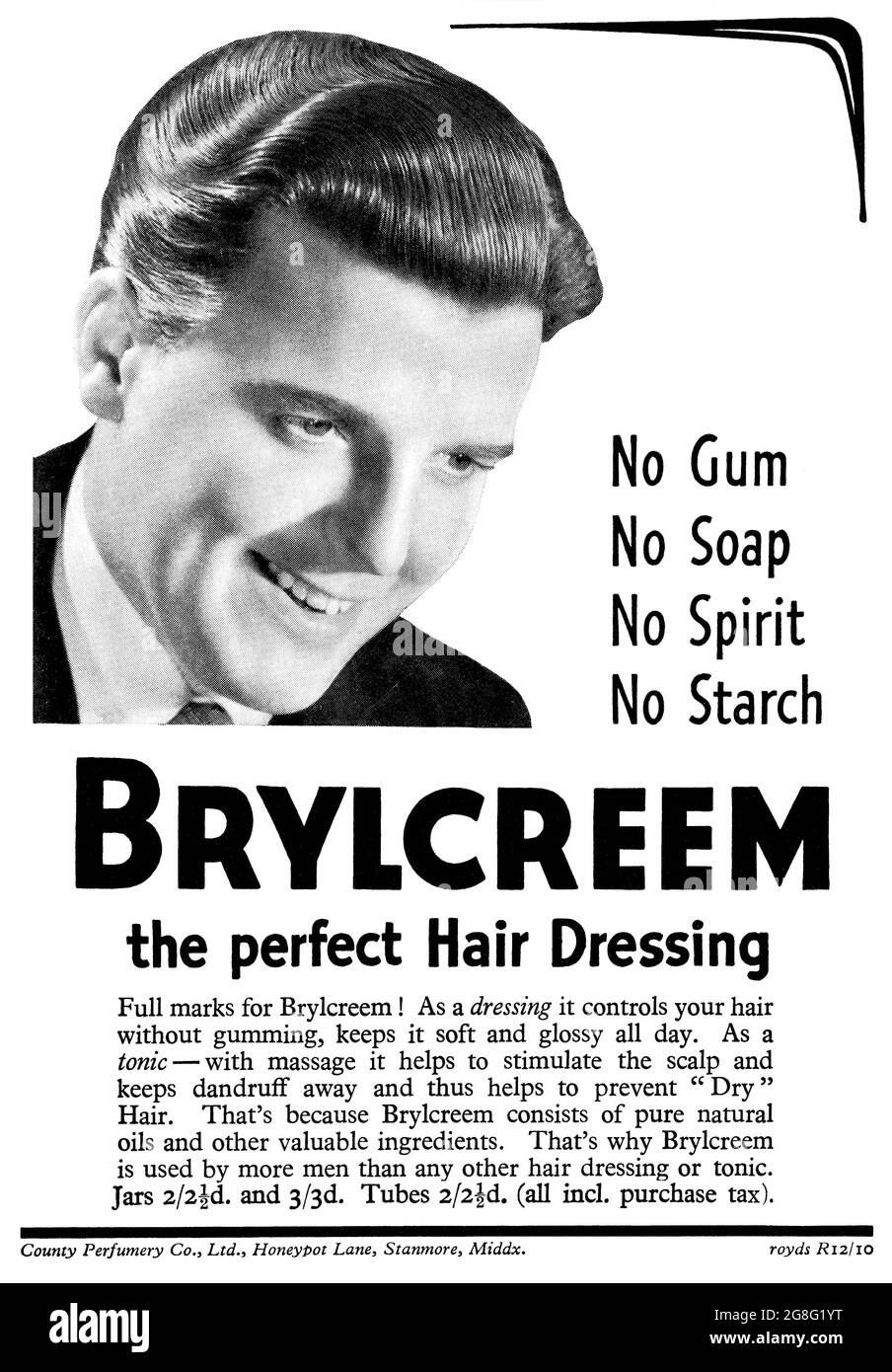 1948 British advertisement for Brylcreem hair dressing. Stock Photo