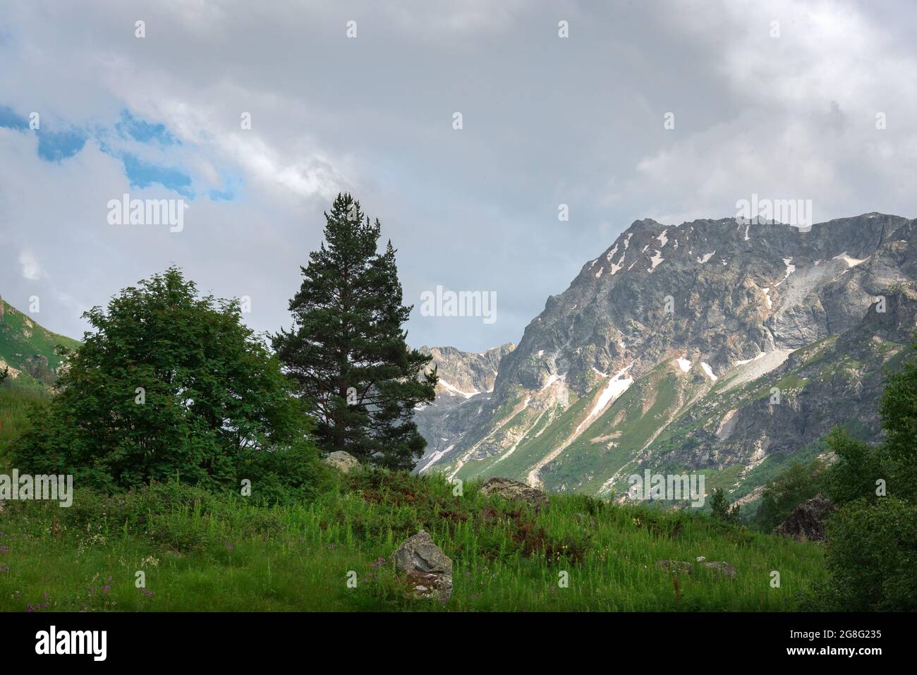 A beautiful alpine gorge of the Ullu-Murudzhu River with green meadows and mountain peaks in the Karachay-Cherkess Republic Stock Photo
