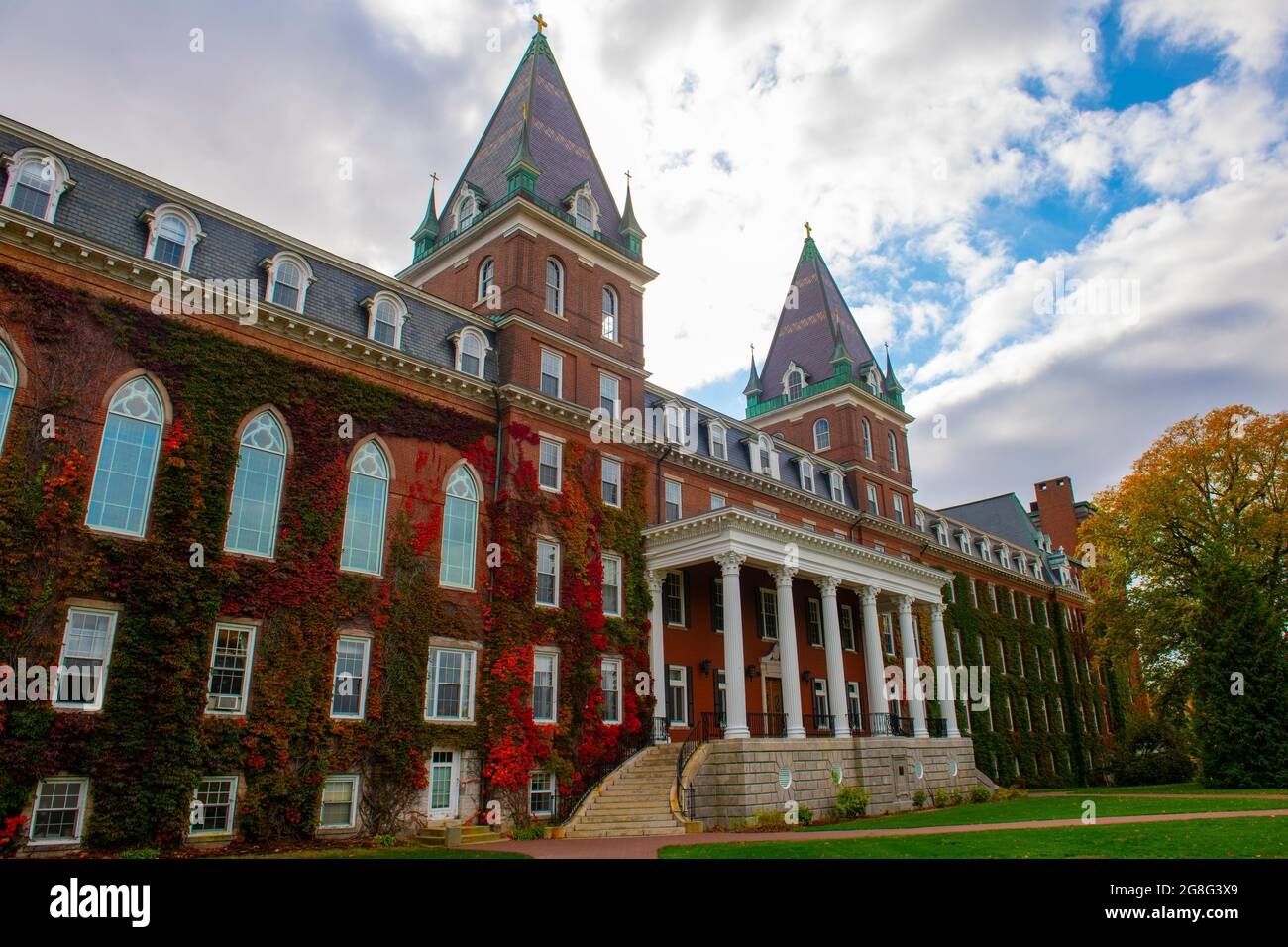 Fenwick Hall in College of the Holy Cross with fall foliage in city of