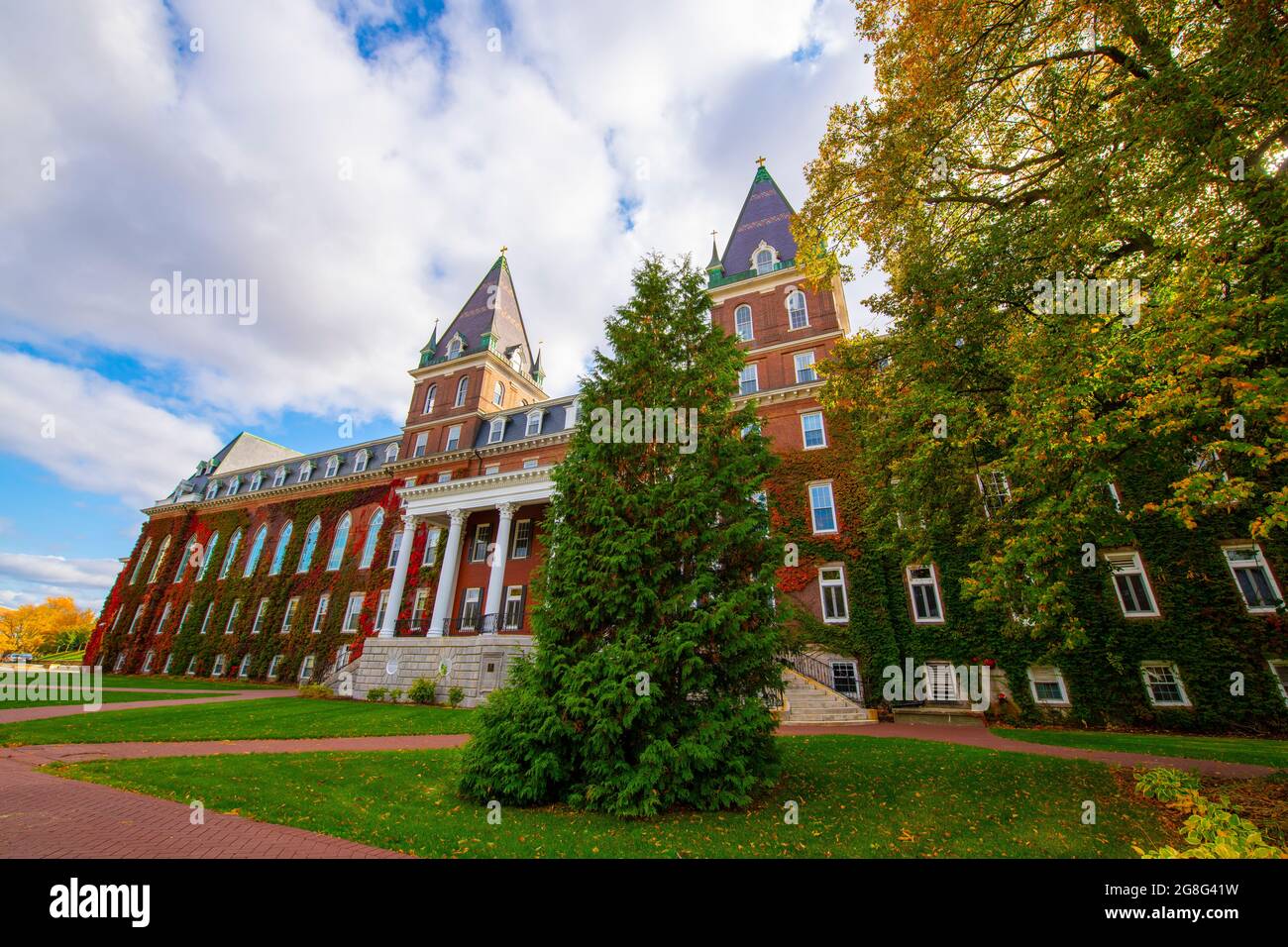Fenwick Hall in College of the Holy Cross with fall foliage in city of