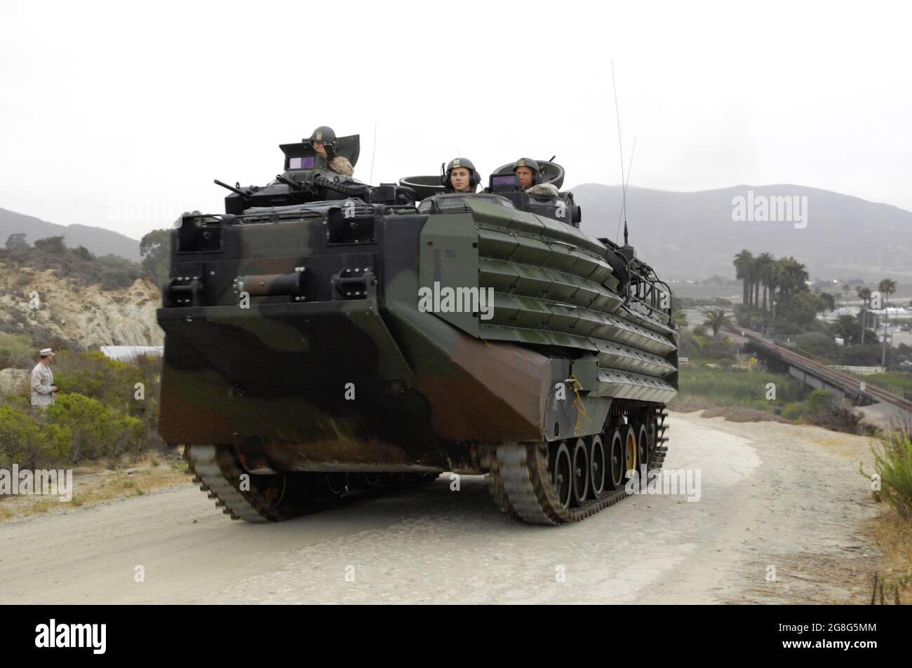 USMC AAV coming up from the beach and moving inland at MCB Camp Pendleton, CA Stock Photo