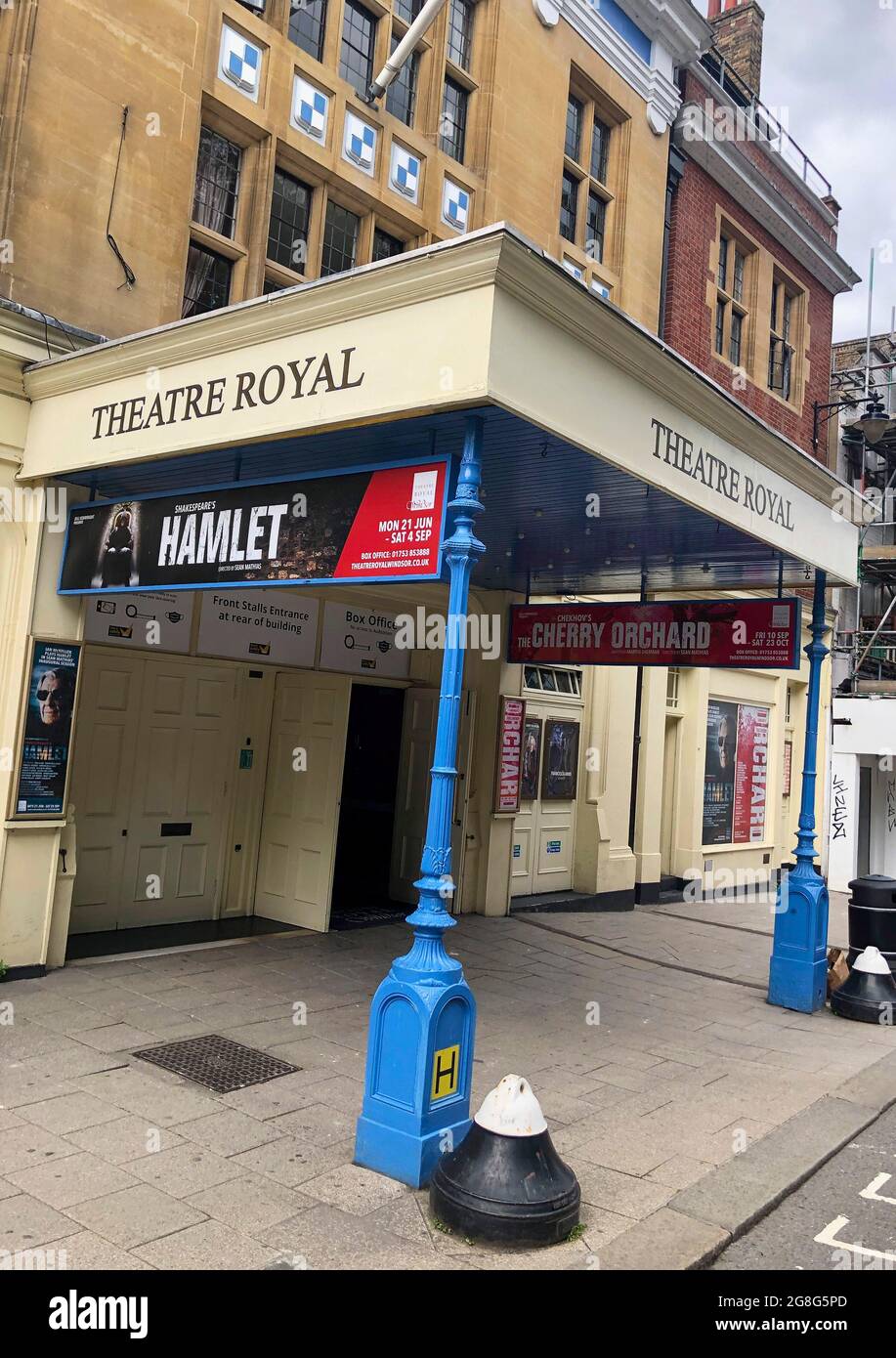 front entrance to the Theatre Royal Windsor, England displaying a poster for HAMLET by Shakespeare starring Sir Ian McKellen as the Danish Prince, running from June to September 2021. Directed by Sian Mathias and produced by Bill Kenwright this is a reimagined age, colour blind and gender blind production. Stock Photo