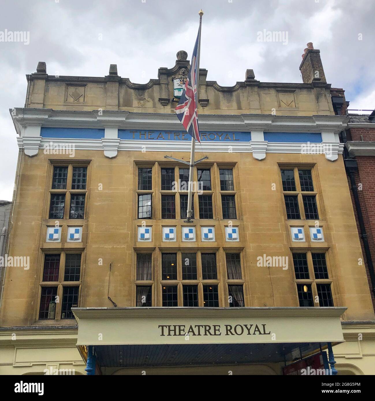 upper front facade of the Theatre Royal Windsor, Berkshire, England. A Grade II listed building, designed by Frank Verity in the early English Renaissance style, it opened in 1910. It has been managed by producer Bill Kenwright since 1997. Stock Photo