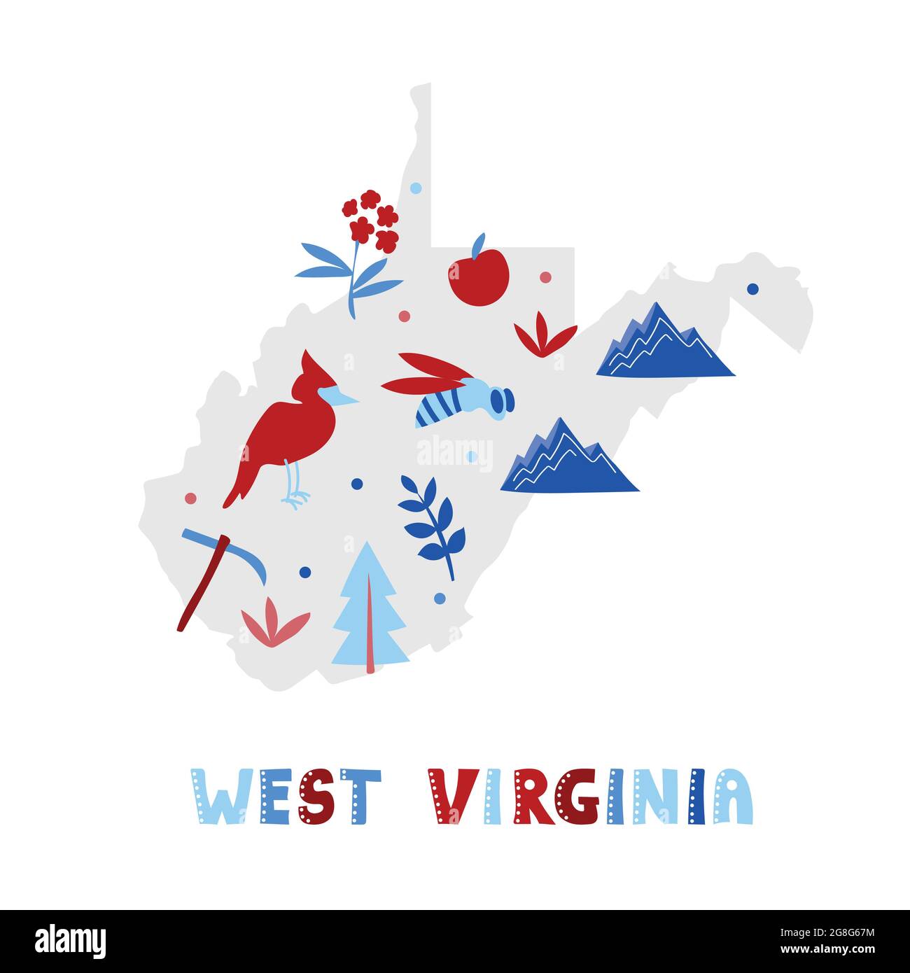 USA map collection. State symbols and nature on gray state silhouette - West Virginia. Cartoon simple style for print Stock Vector
