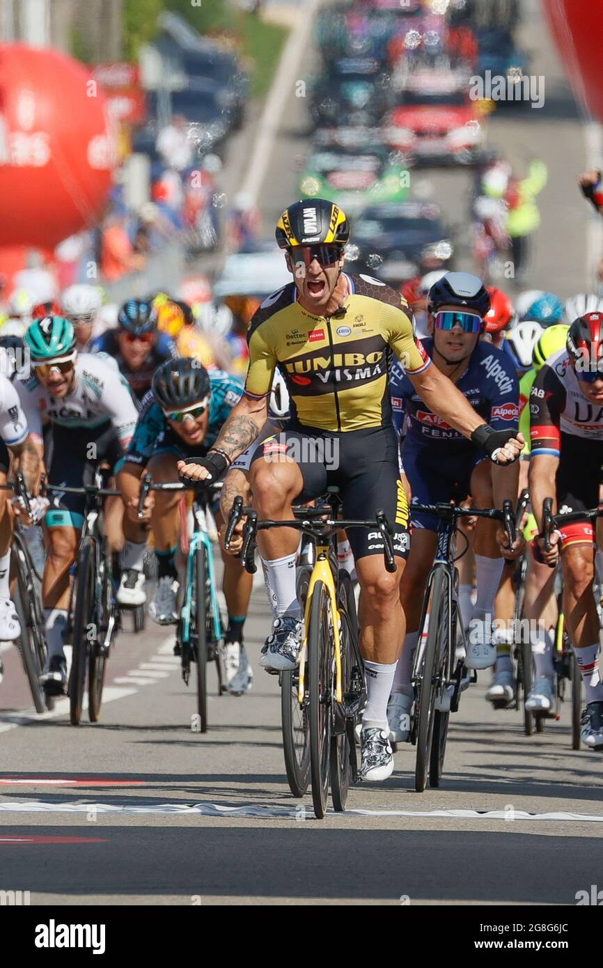 Dutch Dylan Groenewegen of Team Jumbo-Visma celebrates after winning the first stage of the Tour De Wallonie cycling race, 185,7 km from Genappe to He Stock Photo