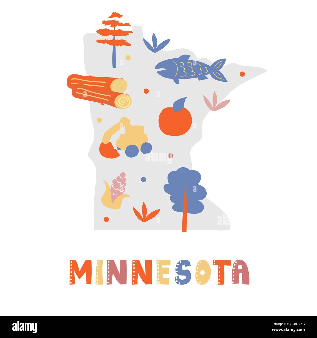USA map collection. State symbols and nature on gray state silhouette - Minnesota. Cartoon simple style for print Stock Vector