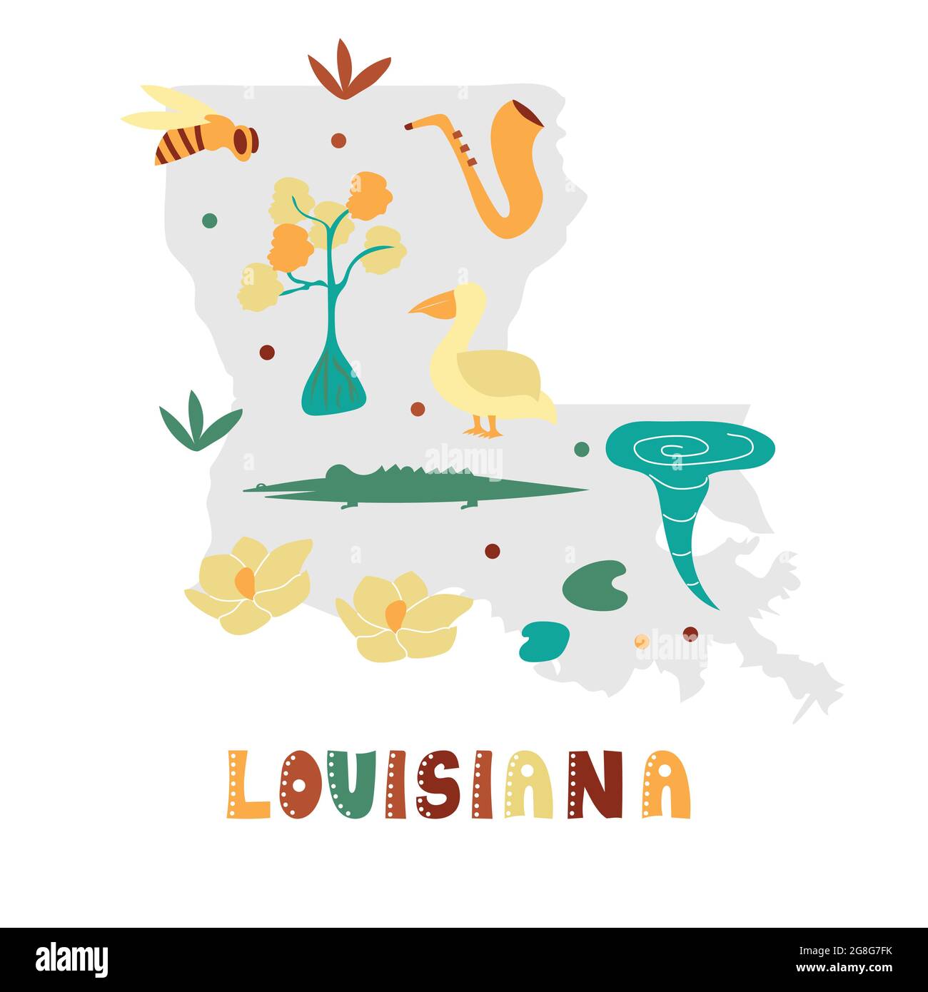 USA map collection. State symbols and nature on gray state silhouette - Louisiana. Cartoon simple style for print Stock Vector