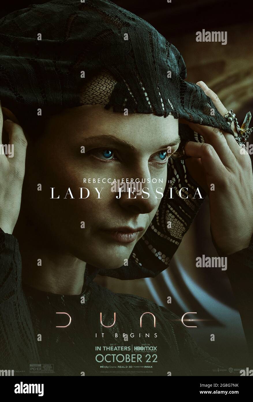 Dune (2021) directed by Denis Villeneuve and starring Rebecca Ferguson as Lady Jessica. Big screen adaptation of Frank Herbert's sci-fi masterpiece about the coming of a prophesied Messiah who will lead the Fremen and take control of Arrakis and the spice that enables long distance travel through space. Stock Photo