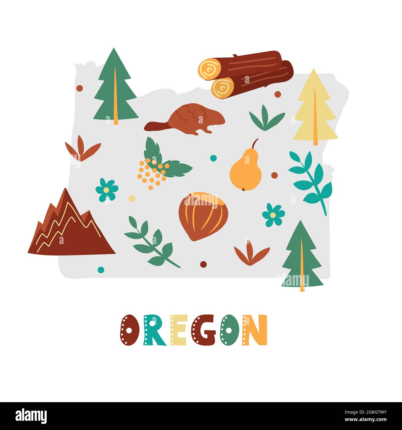USA map collection. State symbols and nature on gray state silhouette - Oregon. Cartoon simple style for print Stock Vector