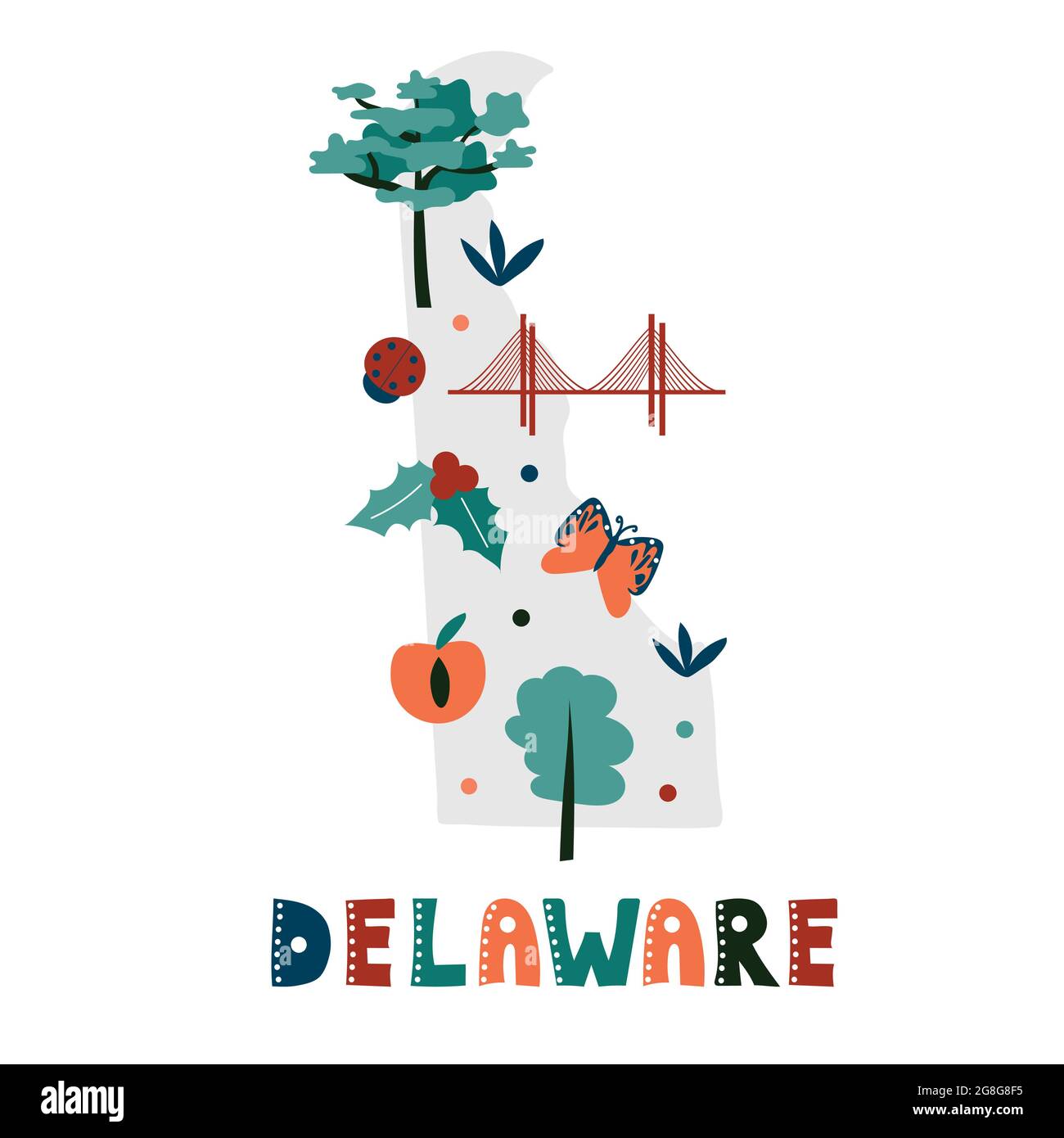 USA map collection. State symbols and nature on gray state silhouette - Delaware. Cartoon simple style for print Stock Vector