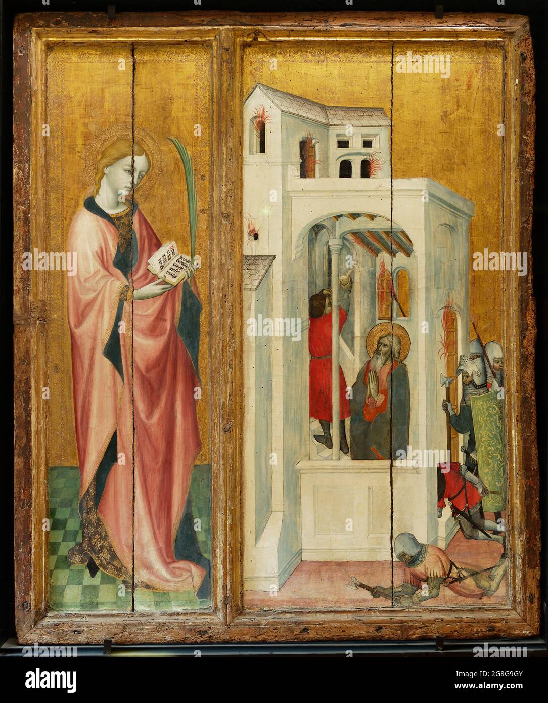 saint André fait éteindre un incendie par son disciple ainsi qu'une figure d'une sainte (peut-être sainte Claire ou sainte Catherine) Stock Photo