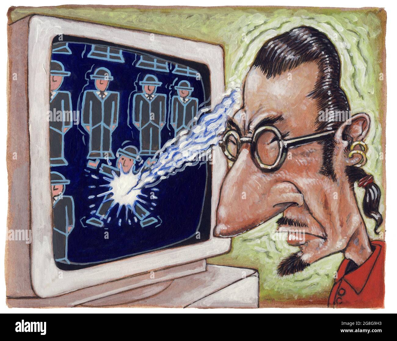 Concept art illustration: man controlling computer game with his mind Brain-computer interface, mind–machine interface, cortical implants, medical aid Stock Photo