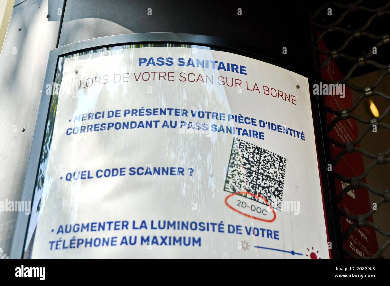 Affiche of mandatory Sanitary Pass put on wall the OlympiaHall in Paris