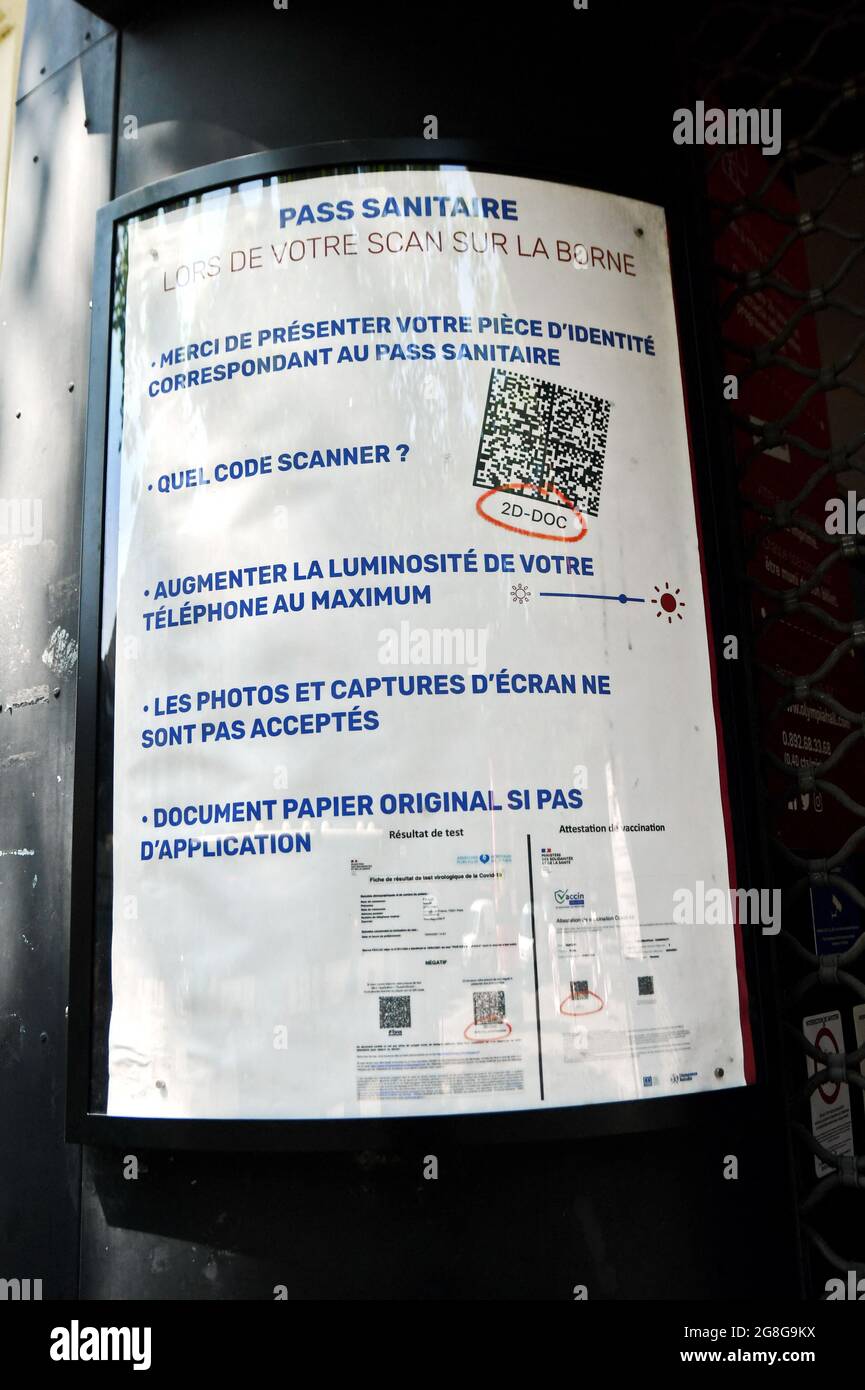 Affiche of mandatory Sanitary Pass put on wall the OlympiaHall in Paris