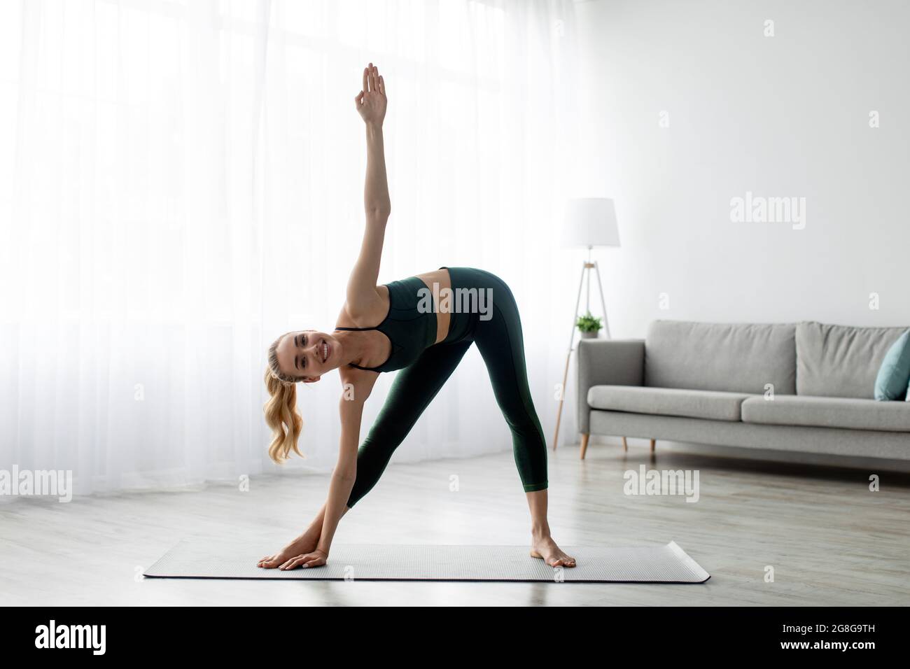 Body care and workout at home, stretching, weight loss, keep fit and new normal Stock Photo