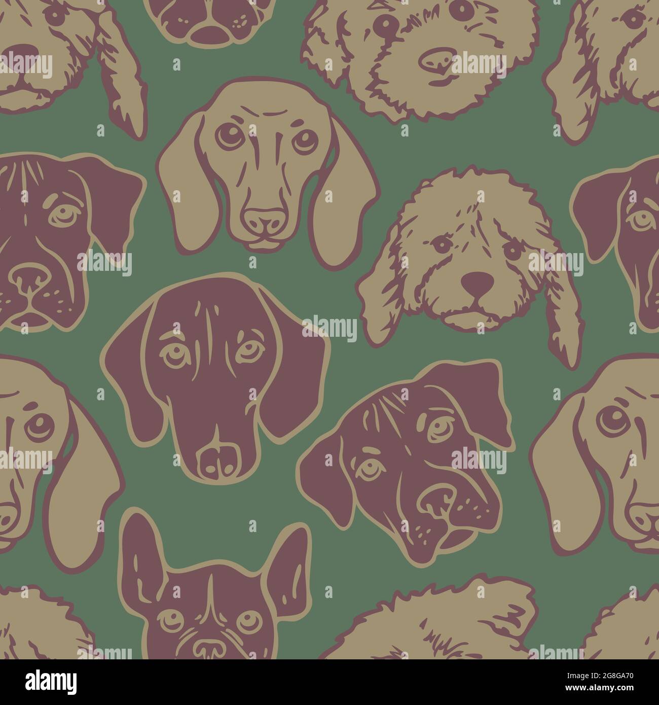 Vector seamless pattern with different dog faces. Design with various breeds of dogs. Stock Vector
