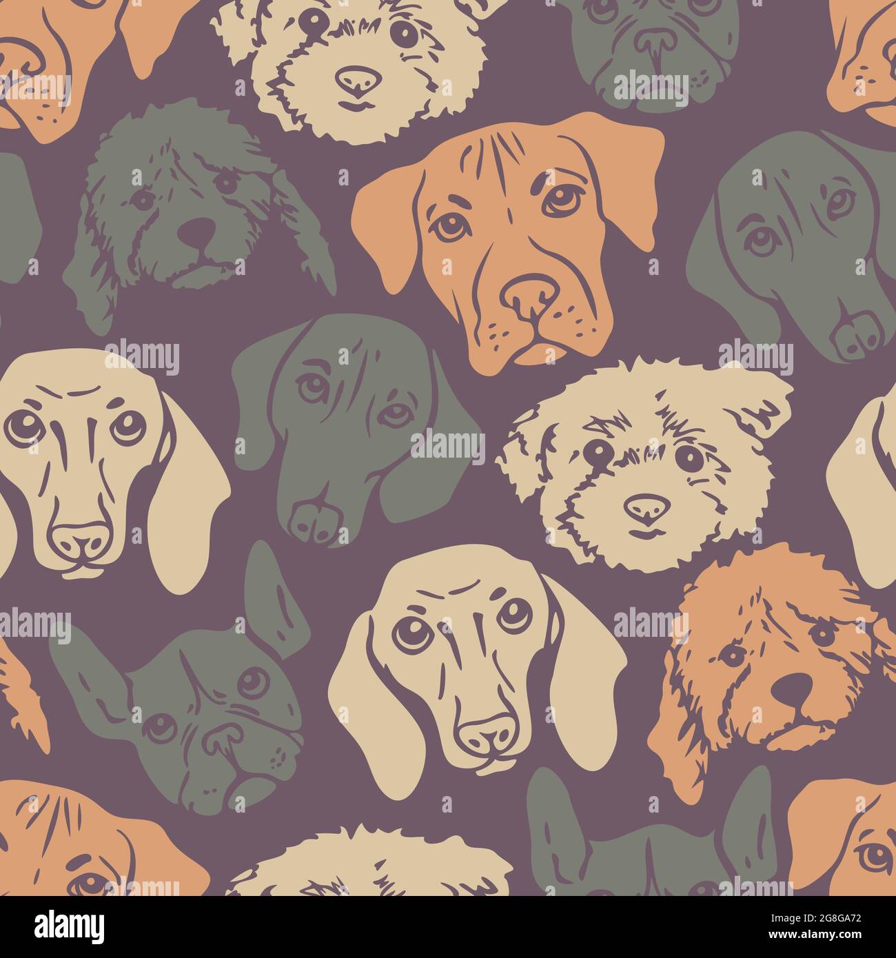 Vector seamless pattern with heads of different breeds dogs. Design with silhouettes of dog faces. Stock Vector