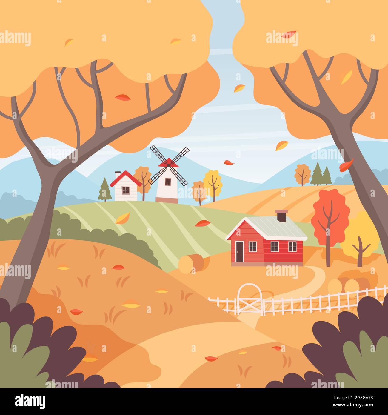 Autumn rural landscape with trees, fields, houses and windmill ...