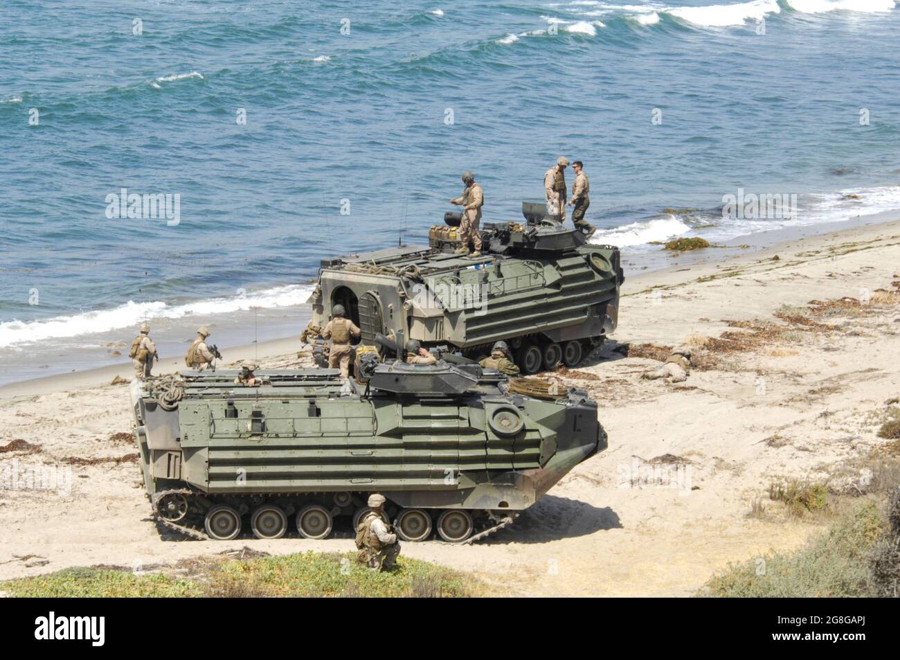 USMC Assault Amphibious Vehicles in position on the beach at MCB Camp Pendleton, CA Stock Photo