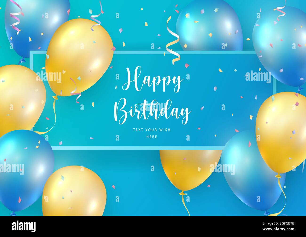 Elegant blue yellow ballon and party popper ribbon Happy Birthday ...
