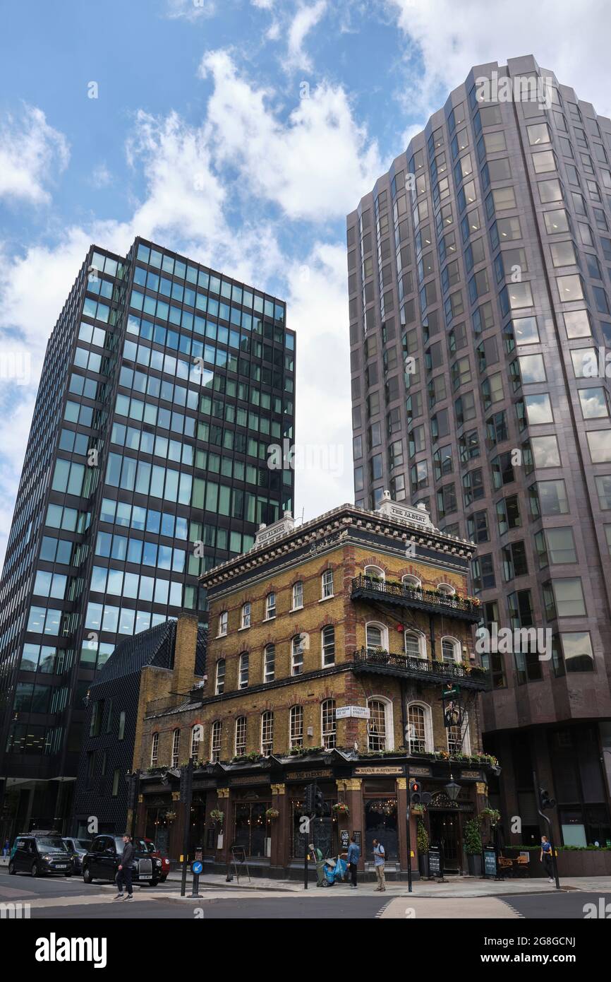 The Albert Pub in Victoria Street. It was built 1862 and survived the Blitz and a big redevelopment, and is now surrounded by skyscrapers. Stock Photo