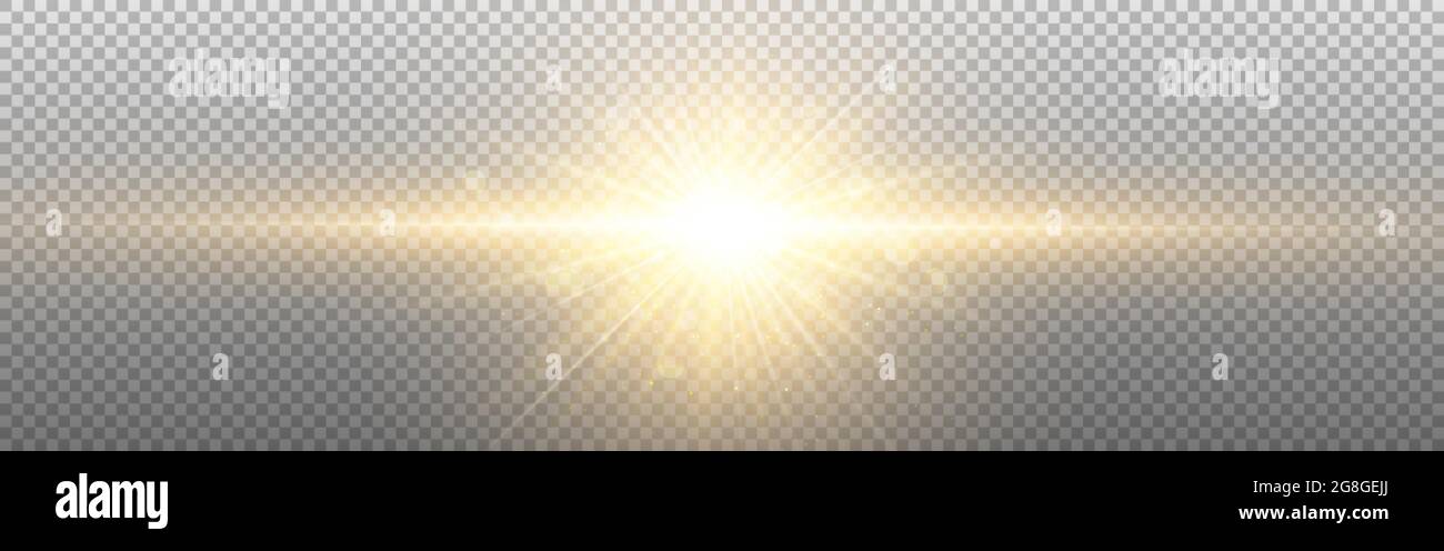 Sun light on transparent backdrop. Realistic glowing light effect. Gold star with rays. Abstract burst with golden particles and glitter. Vector Stock Vector