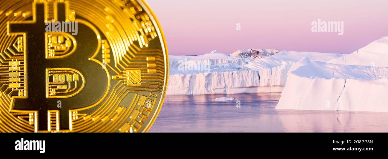 Bitcoin mining effect on climate change and environment. Cryptocurrency mining energy consumption, sustainability and impact on global warming concept Stock Photo