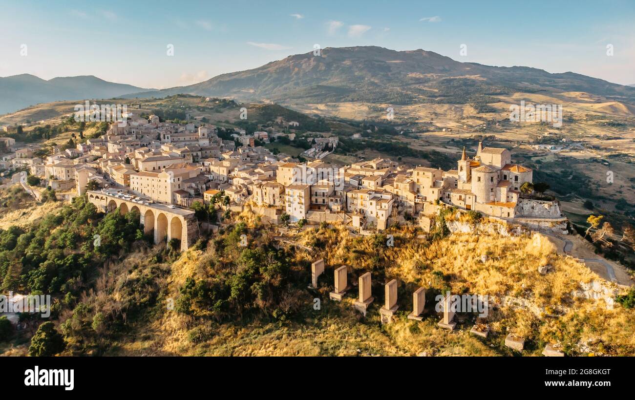 Aerial view of medieval stone village,the highest village in Madonie ...
