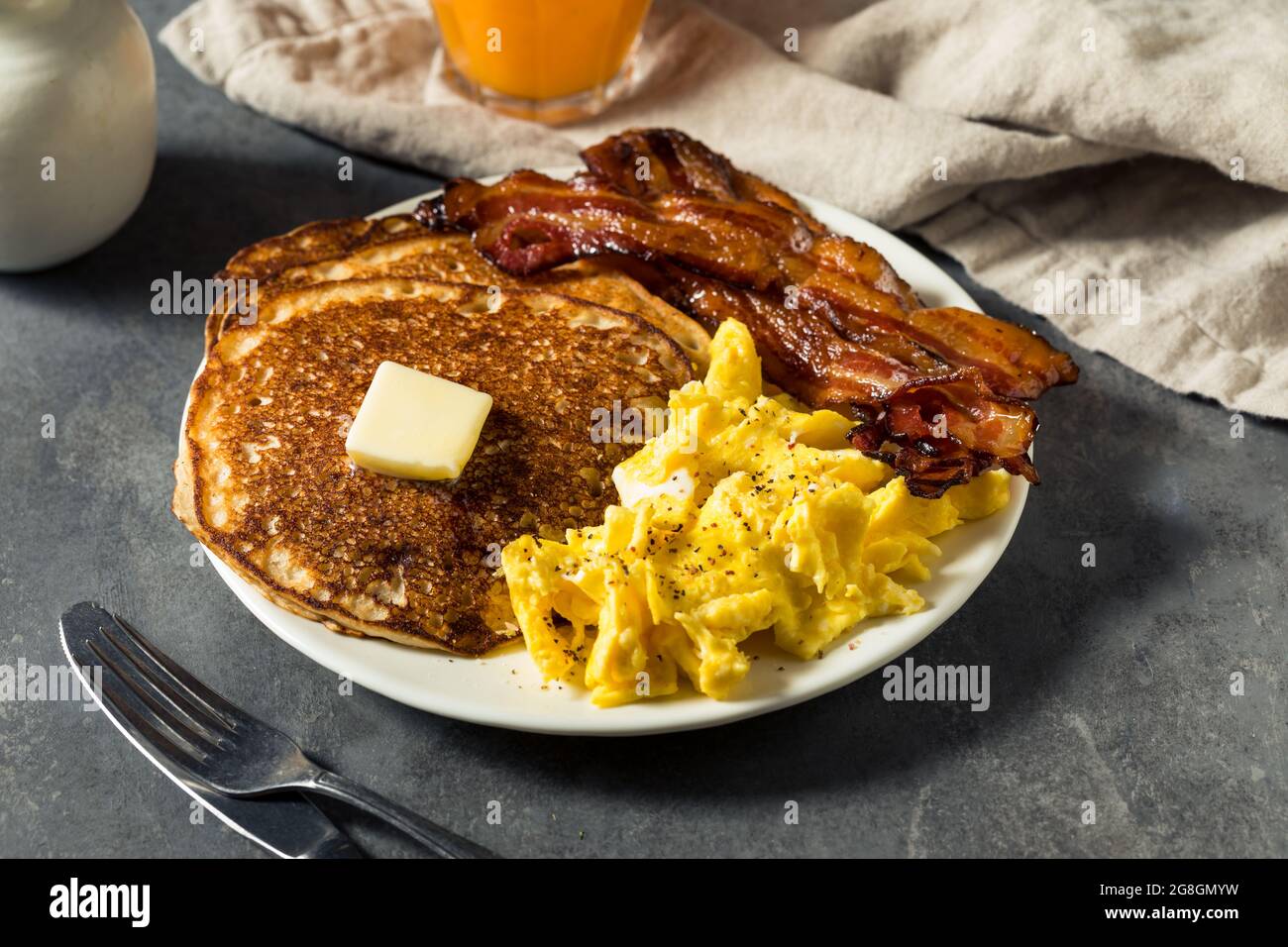 Homemade American Pancake Breakfast with Eggs and Bacon Stock Photo Alamy
