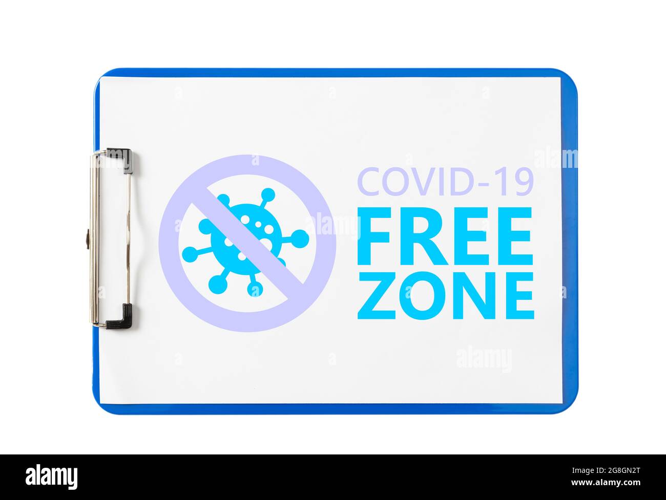 Covid free zone sign. COVID-19 free zone text on a doctors clipboard, white background. Disinfected areas, vaccinated only concept. Coronavirus free a Stock Photo